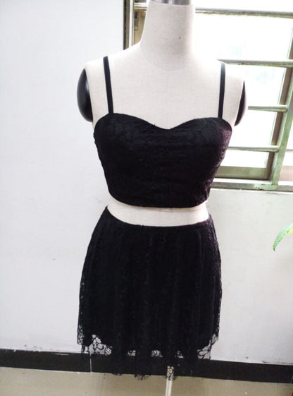 Lace Dress V-neck Tube Top Off-Shoulder Waist Solid Color Two-Piece Dress