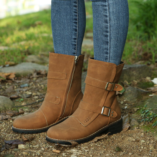 Casual Round Toe Belt Buckle Women Boots
