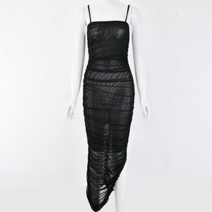 Sexy split mesh dress with suspenders Evening dress