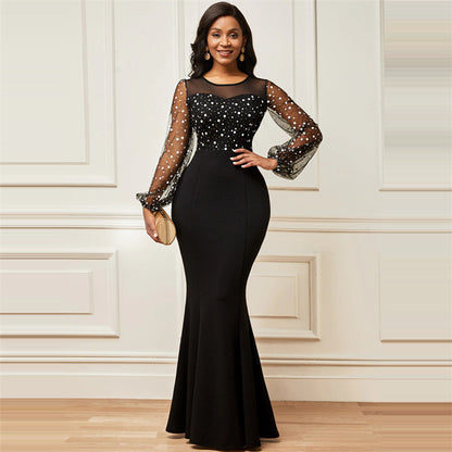 Crewneck Mesh Splicing Long-sleeved Elegant Slim Dress