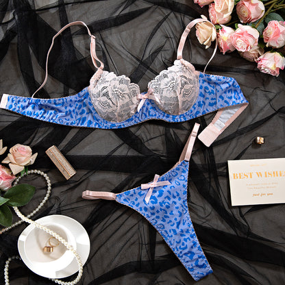 Lace Stitching Blue Leopard Print With Steel Ring Sexy Lingerie Set