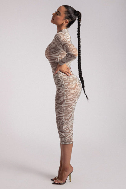 Long Sleeve Printed Leopard Print Transparent Midi Skirt