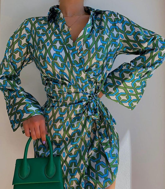 Women's New Contrast Chain Print Long Sleeve Tie Shirt Dress