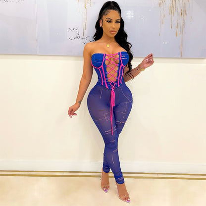 Fashion Sexy Mesh See-Through Chest Wrapped Two-Piece Suit