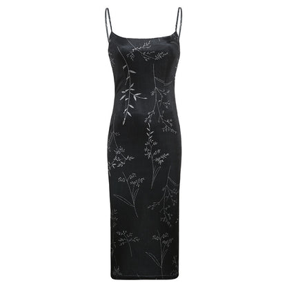 Dark Vintage Style Velvet Split Halter Dress