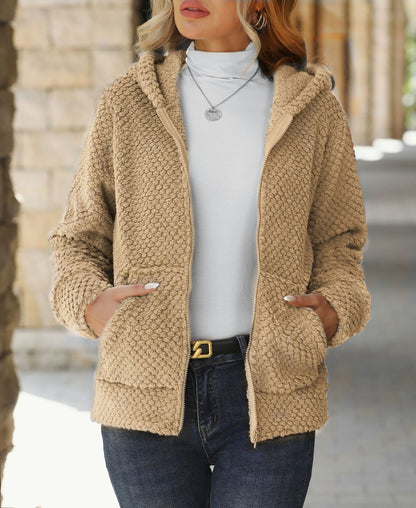 Women's Autumn And Winter Loose Pocket Hooded Zipper Plush Jacket