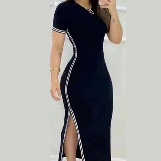 Women's Short Sleeve And Long Pattern Split Dress