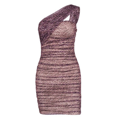 Women's Summer Leopard Print Slanted Shoulder Pleated Mesh Short Skirt