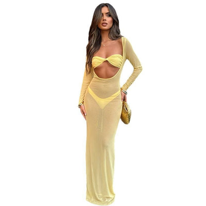 Sexy See-through Temptation Midriff Outfit Bandeau Slim-fit Long Sleeve Tight Dress