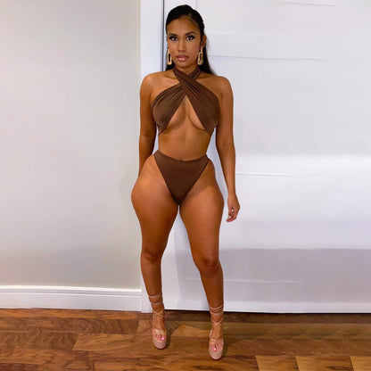 Cross Halter Solid Color Swimsuit Bikini Set