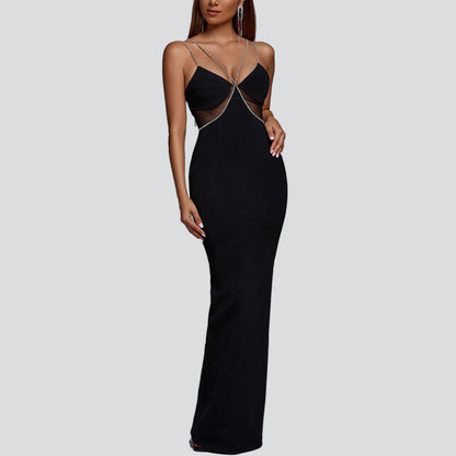 Crystal Drill Chain Straps Tulle Stitched Backless Evening Gown