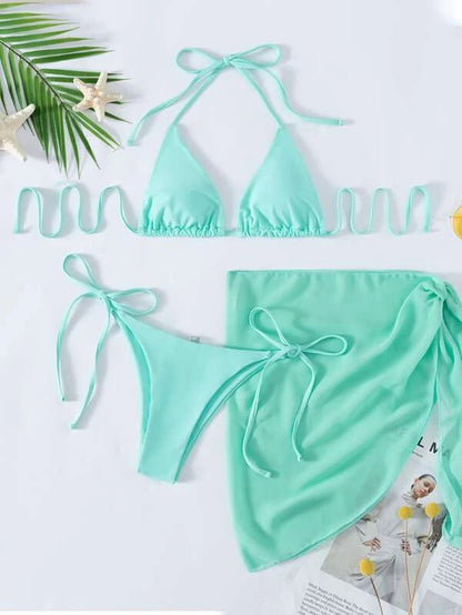 European And American Foreign Trade New Solid Color Triangle Cup Lace-up Bikini Three-piece Set