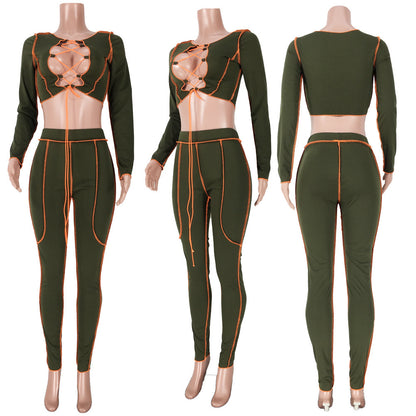 Bandage sexy hollow out long sleeve two piece set