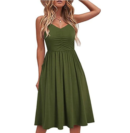 Solid Color Suspender Halter Dress