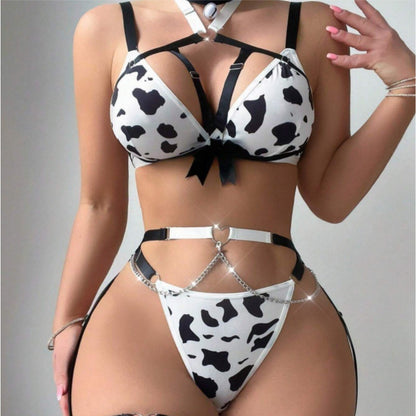 European And American Temptation Cow Spot Sexy Halter Pure Desire Uniform Sexy Lingerie Split Suit