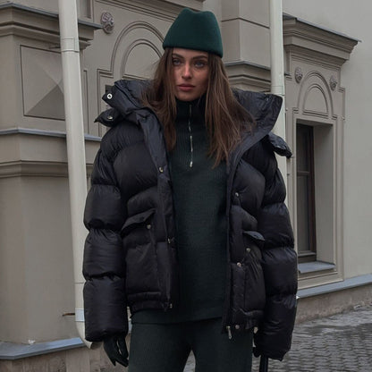 Women's Cottonpadded Overcoat Jacket Square Pocket Cushion Warm Hooded Cotton