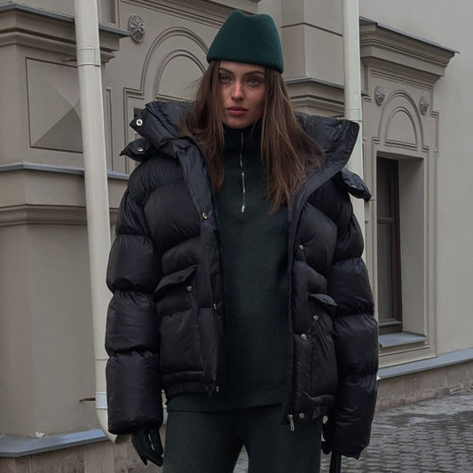 Women's Cottonpadded Overcoat Jacket Square Pocket Cushion Warm Hooded Cotton