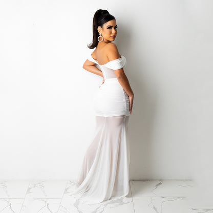 Sexy Nightclub One-Shoulder Mesh Pure Color Dress