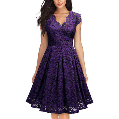 Europe And America Women's Vintage Lace V-Neck Sleeveless Cocktail Party Swing Skirt