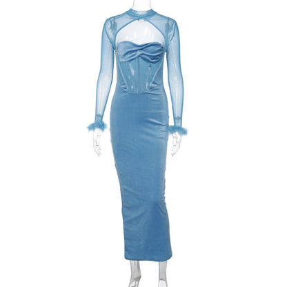 Women's Plush Mesh Stitching Sexy Hollow Dress