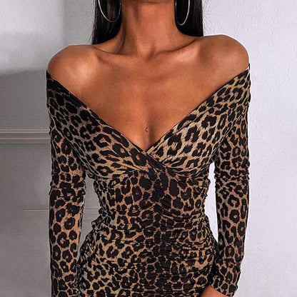 Off-the-shoulder Slim Jumpsuit Short Skirt Sexy Leopard Print V-neck Long Sleeves