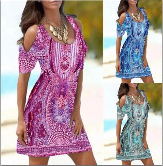 Round Neck Cutout Short Sleeve Fashion Print Dress