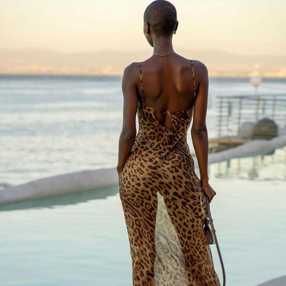 Clothing Slim Fit Backless See-through Leopard Print Dress