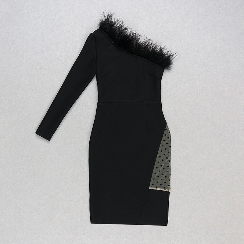 Fur Collar Bandage One-shoulder Long-sleeved Polka Dot Mesh Dress