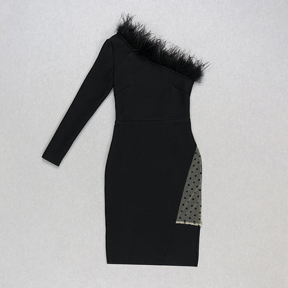 Fur Collar Bandage One-shoulder Long-sleeved Polka Dot Mesh Dress