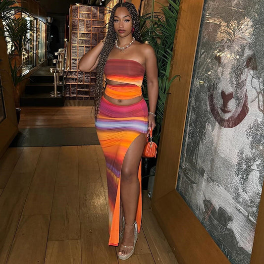 Gradient Printing Sleeveless Sexy Bandeau Slim-fit Hip Skirt Suit