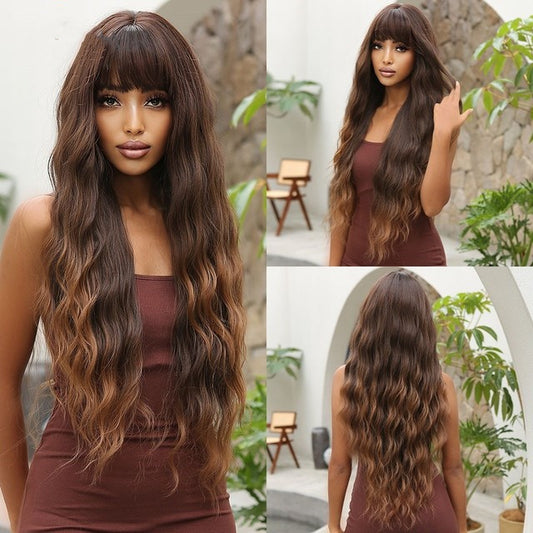 Long Brown Black Wavy Synthetic Wig