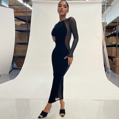 Fashion Sexy See-through Mesh Stitching Slim Long-sleeved Dress