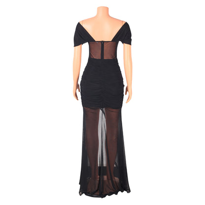 Sexy Nightclub One-Shoulder Mesh Pure Color Dress