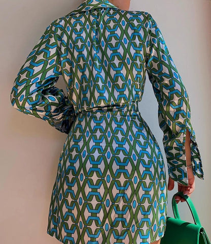 Women's New Contrast Chain Print Long Sleeve Tie Shirt Dress