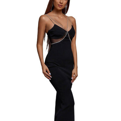Crystal Drill Chain Straps Tulle Stitched Backless Evening Gown
