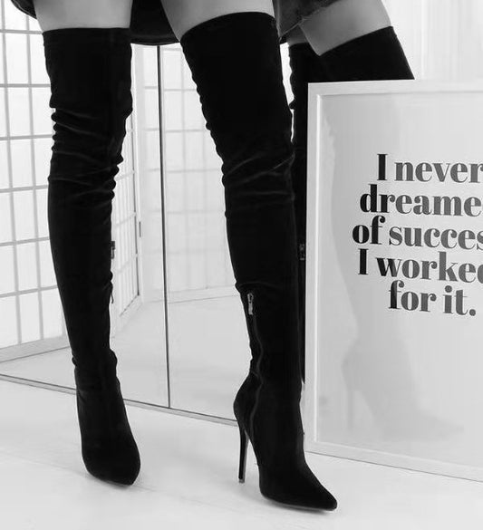 Pointed Elastic Heel Frosted High Boots Women