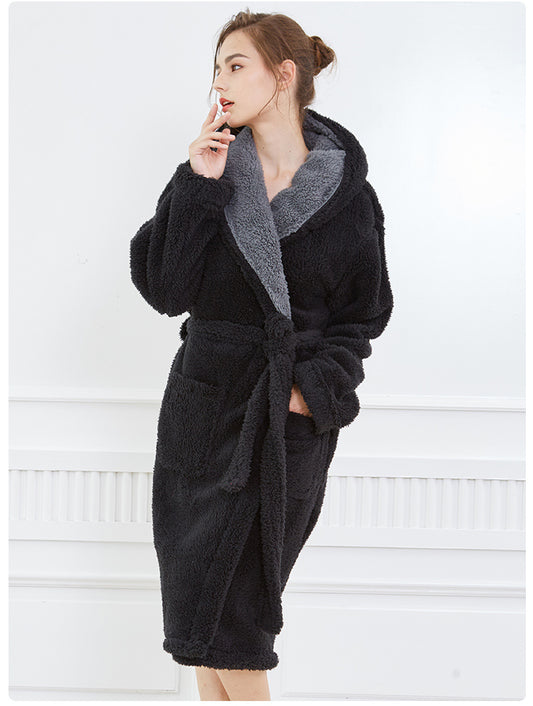 Men's Thick Hooded Coral Fleece Nightgown Warm Large Size Long Couple Pajamas