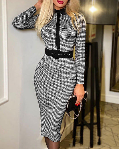 Women's New Style Printed Long-sleeved Waist Dress With Tie And Belt