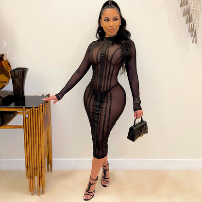 Sexy Mesh Stitching Long-Sleeved Solid Color Dress