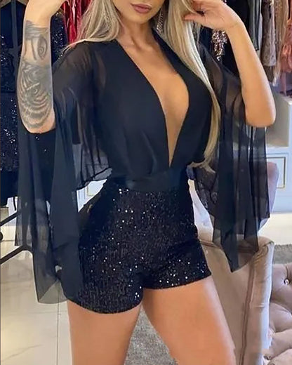 V-neck Mesh Stitched Bead Slit Jumpsuit