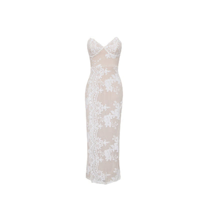Sequin Embroider Cross Slit Backless Sling Slim Fit Long Dress