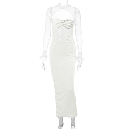 Women's Plush Mesh Stitching Sexy Hollow Dress