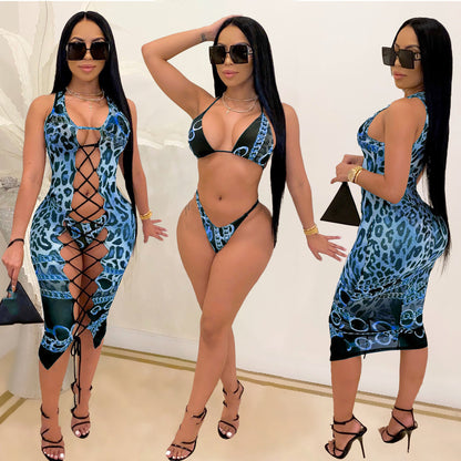 European And American Women's Sexy Bikini And Leopard Print Three-piece Swimsuit
