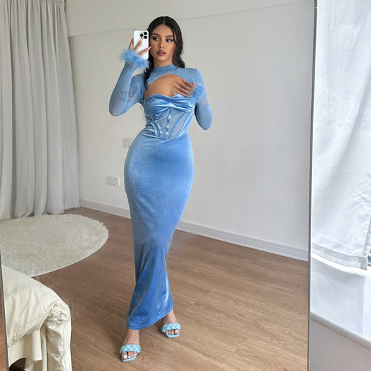Women's Plush Mesh Stitching Sexy Hollow Dress