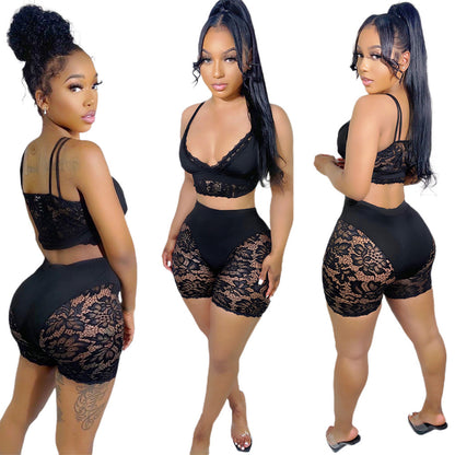 Hollow Sexy Slim Lace Stitching Bikini Shorts Suit
