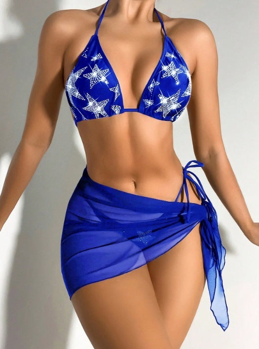 Bikini Swimsuit New Sexy Rhinestone Gauze Skirt Three-piece Suit Split