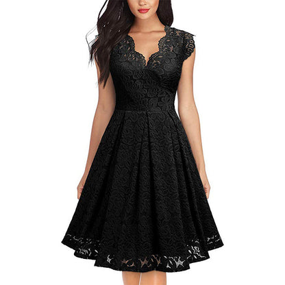 Europe And America Women's Vintage Lace V-Neck Sleeveless Cocktail Party Swing Skirt