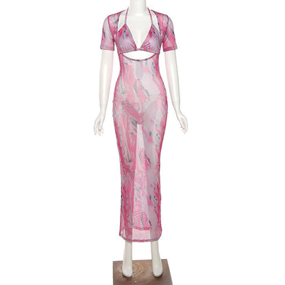 Womens Short Sleeved Sexy Hollow Low Cut Fashion Print Dress