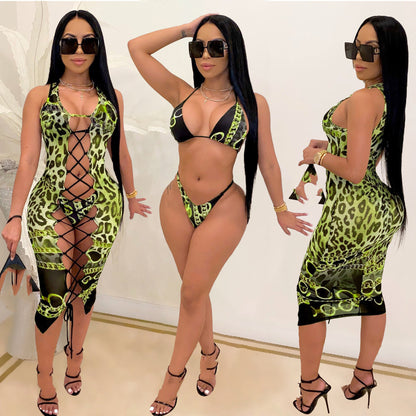 European And American Women's Sexy Bikini And Leopard Print Three-piece Swimsuit