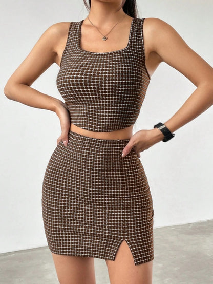 Women Plaid Square Collar Cropped Tank Top And Bodycon Mini Skirt Set